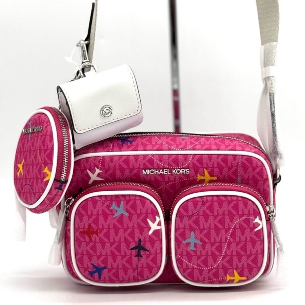 Michael Kors Jet Set Signature Logo Crossbody Bag w Case for Apple AirPods Pro - Picture 2 of 12